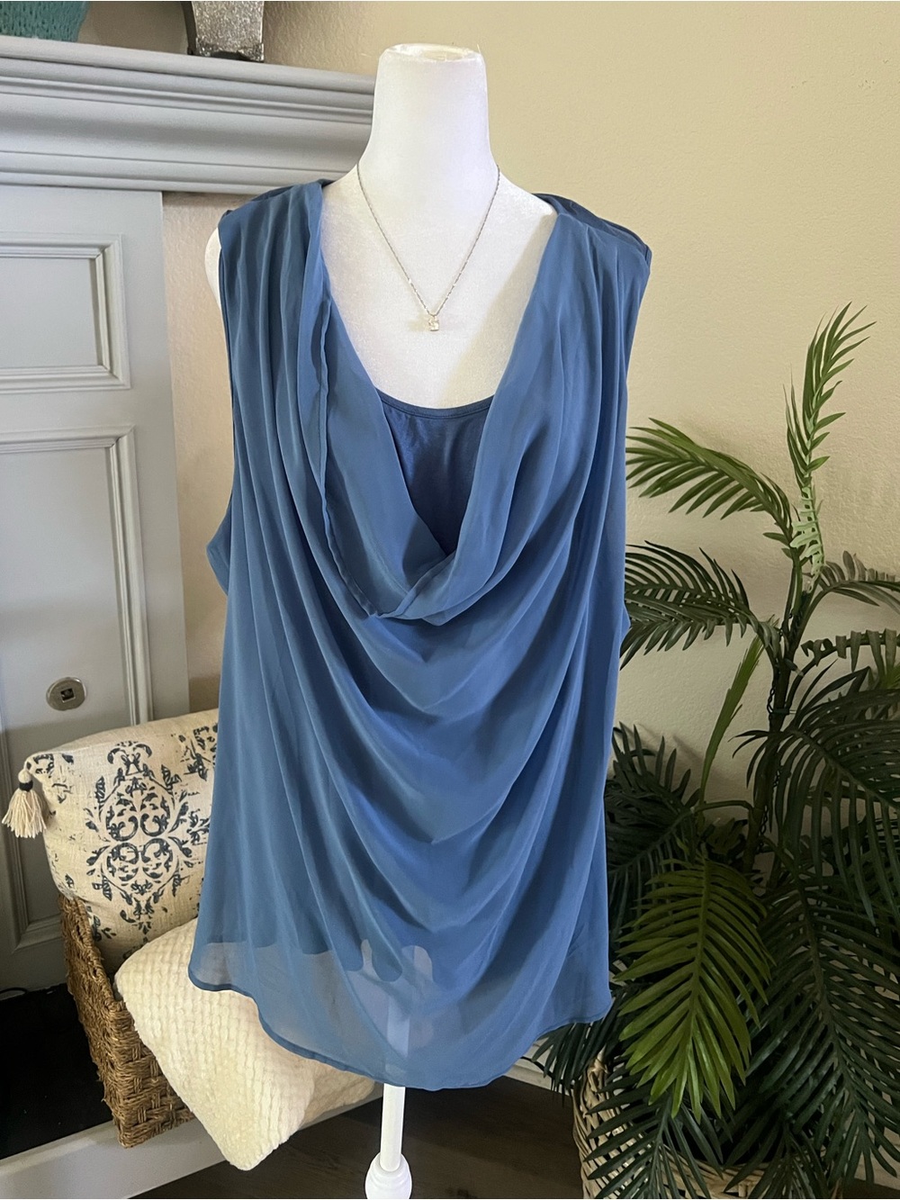 NWT Sleeveless Slate Blue Cowl Neck Gathered Camisole